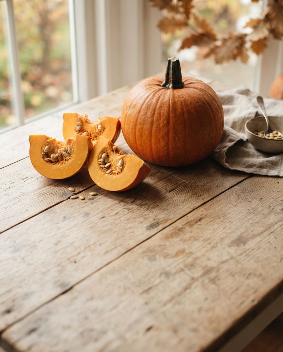 Zucca intera e a spicchi su un tavolo di legno